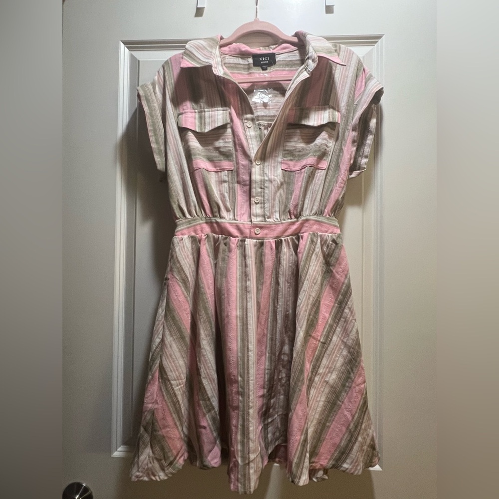 Vici Pink and Tan Striped Casual Dress